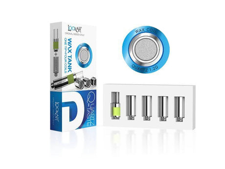 Front facing view of the Lookah 510 Quartz Wax Tank Coils 4-Pack packaging in blue and white. This retail blister pack contains four premium replacement quartz coils designed to deliver pure, flavorful concentrate vaporization.