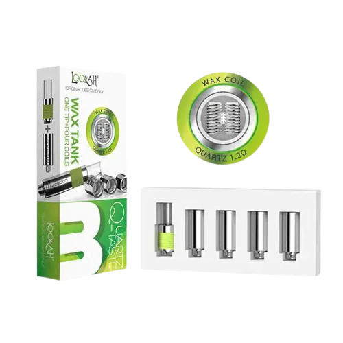 Front facing view of the Lookah 510 Quartz Wax Tank Coils 4-Pack packaging in green and white. This retail blister pack contains four premium replacement quartz coils designed to deliver pure, flavorful concentrate vaporization.