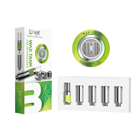 Front facing view of the Lookah 510 Quartz Wax Tank Coils 4-Pack packaging in green and white. This retail blister pack contains four premium replacement quartz coils designed to deliver pure, flavorful concentrate vaporization.