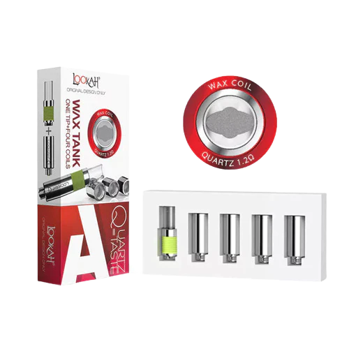 Front facing view of the Lookah 510 Quartz Wax Tank Coils 4-Pack packaging in red and white. This retail blister pack contains four premium replacement quartz coils designed to deliver pure, flavorful concentrate vaporization.