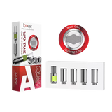 Front facing view of the Lookah 510 Quartz Wax Tank Coils 4-Pack packaging in red and white. This retail blister pack contains four premium replacement quartz coils designed to deliver pure, flavorful concentrate vaporization.