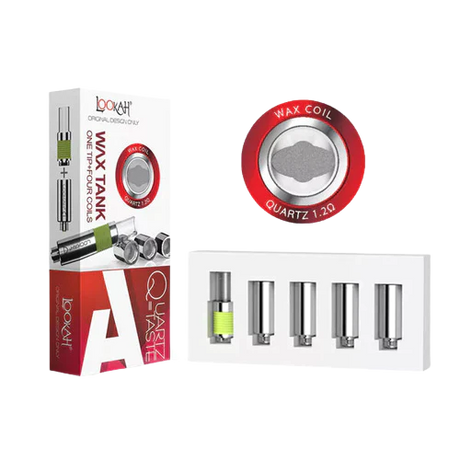 Front facing view of the Lookah 510 Quartz Wax Tank Coils 4-Pack packaging in red and white. This retail blister pack contains four premium replacement quartz coils designed to deliver pure, flavorful concentrate vaporization.