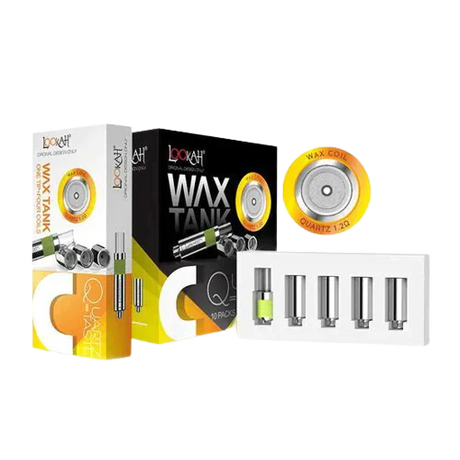 Front facing view of the Lookah 510 Quartz Wax Tank Coils 4-Pack packaging in black and yellow. This retail blister pack contains four premium replacement quartz coils designed to deliver pure, flavorful concentrate vaporization.