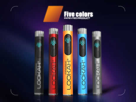 Angled front view of the Lookah Firebee 510 battery 15-count retail display box in assorted colors. This countertop wholesale display features 15 slimline pen batteries that offer an intuitive digital screen and three voltage modes for 510 cartridges.