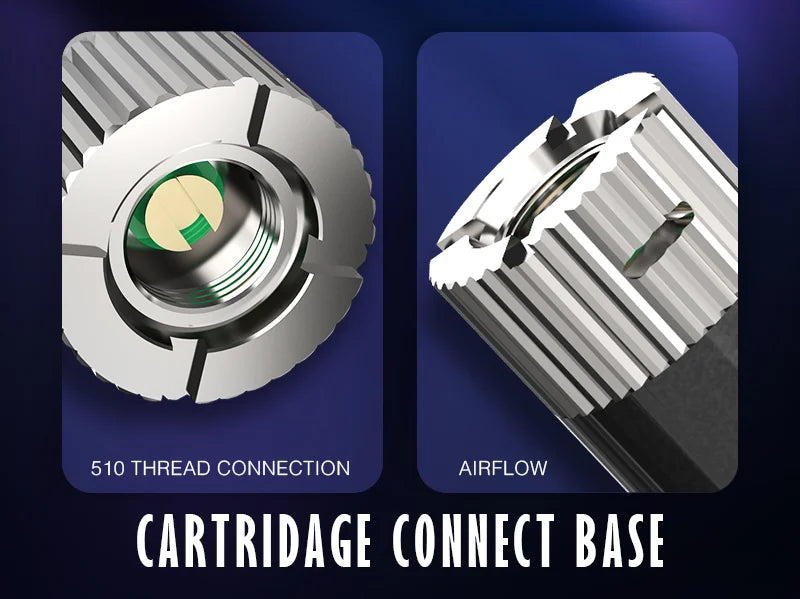 Top-down angled view of the Lookah Firebee 510 battery in black, focusing on the threaded connection. This universal 510 thread base securely connects to standard oil cartridges and wax atomizers for a versatile vaping session.