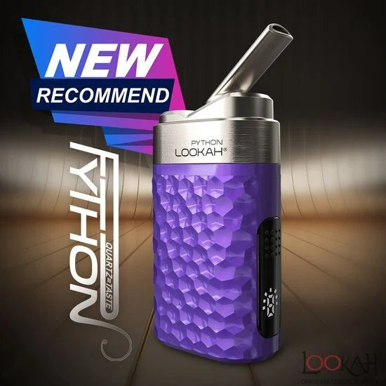 Front view of the Lookah Python wax vaporizer in purple. This compact 650mAh dab pen features a serpentine textured shell and a 710 quartz dish coil for clean, flavorful concentrates.