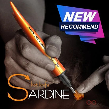 Front view of the Lookah Sardine hot knife electric dab tools arranged in a group to display multiple vibrant color options. This portable heated loading tool features a ceramic tip that effortlessly slices through thick, sticky concentrates to drop them cleanly into your banger.