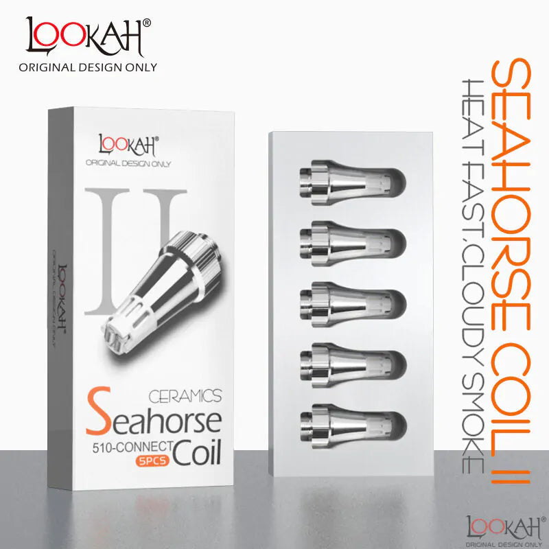Front facing view of the Lookah Seahorse Ceramic Type II Coil 5-Pack packaging in black and blue. This retail box contains five premium replacement dual ceramic atomizers designed to deliver incredibly pure, flavorful vapor from your Seahorse electric nectar collector.
