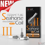 Front facing view of the Lookah Seahorse Ceramic Type III Coil 3-Pack packaging in black and vibrant branding. This retail box contains three premium ceramic tube atomizers designed to deliver massive vapor clouds from your Seahorse electric nectar collector.