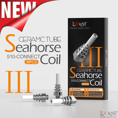Front facing view of the Lookah Seahorse Ceramic Type III Coil 3-Pack packaging in black and vibrant branding. This retail box contains three premium ceramic tube atomizers designed to deliver massive vapor clouds from your Seahorse electric nectar collector.
