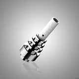 Close-up angled view of the tubular ceramic tip on a single Lookah Seahorse Type III coil in white and metallic silver. This unique tubular ceramic heating element functions like a miniature dab nail, maximizing surface area to efficiently vaporize thick wax concentrates.