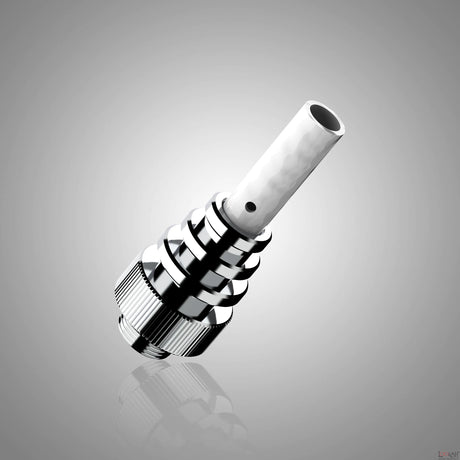 Close-up angled view of the tubular ceramic tip on a single Lookah Seahorse Type III coil in white and metallic silver. This unique tubular ceramic heating element functions like a miniature dab nail, maximizing surface area to efficiently vaporize thick wax concentrates.