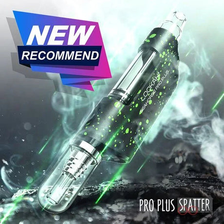 Front view of the Lookah Seahorse Pro Plus in black green splatter. The device highlights an easy-to-clean removable glass tube that allows users to monitor vapor density and production during their daily sessions.