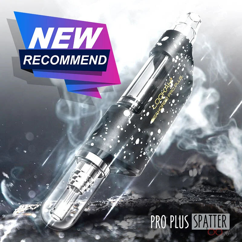 Front view of the Lookah Seahorse Pro Plus in black silver splatter. Features intuitive single-button operation to cycle through precision temperature profiles for the perfect dab.