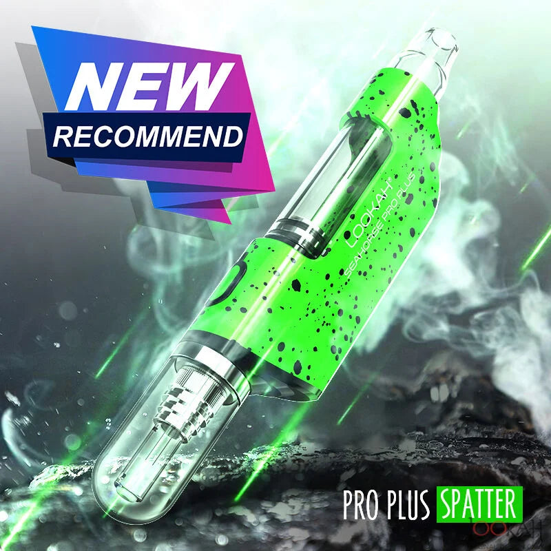 Front view of the Lookah Seahorse Pro Plus in green black splatter. This hybrid electronic nectar collector makes dabbing wax concentrates seamless, mess-free, and highly portable.