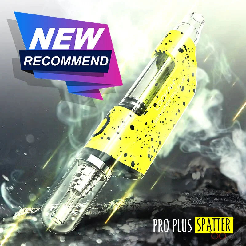 Front view of the Lookah Seahorse Pro Plus in neon green black splatter. This updated electronic nectar collector utilizes a 650mAh battery and variable voltage settings to easily and efficiently vaporize extracts.