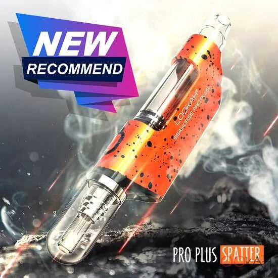 Front view of the Lookah Seahorse Pro Plus in orange black splatter. This versatile dab pen features a standard 510 thread connection, making it dual-use for both standard oil cartridges and its proprietary quartz dabbing coil.