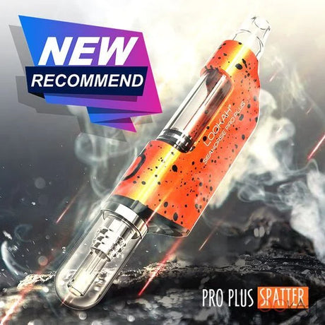 Front view of the Lookah Seahorse Pro Plus in orange black splatter. This versatile dab pen features a standard 510 thread connection, making it dual-use for both standard oil cartridges and its proprietary quartz dabbing coil.