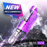 Front view of the Lookah Seahorse Pro Plus in purple black splatter. This portable electronic dab pen features a clear glass mouthpiece and porous quartz tip for vaporizing wax concentrates directly from their container.