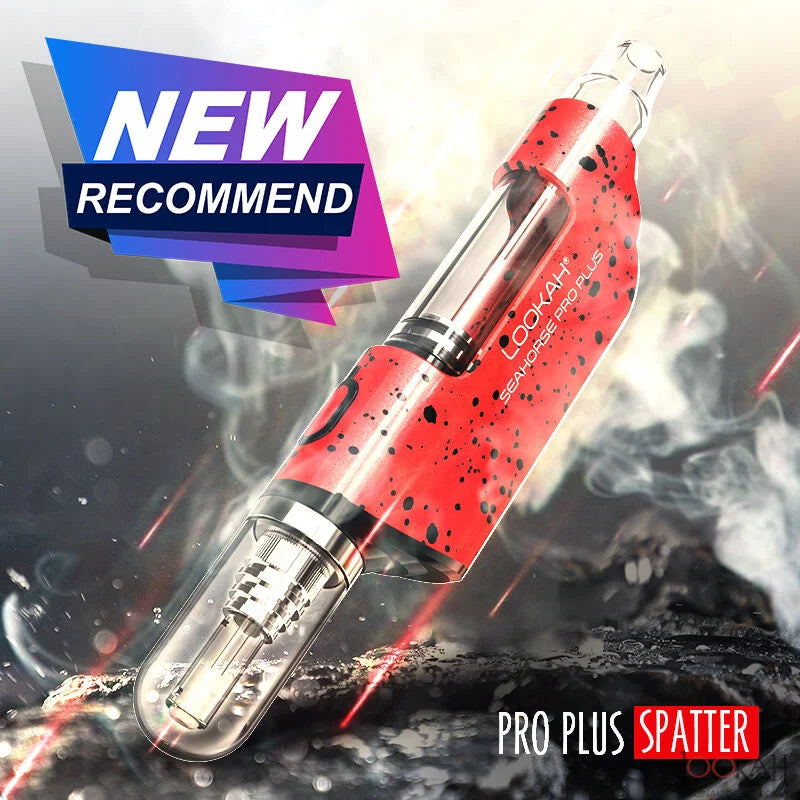 Front view of the Lookah Seahorse Pro Plus in red black splatter. This convenient concentrate vaporizer offers fast Type-C charging to keep the device powered throughout the day.