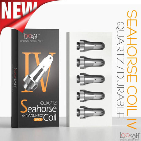 Front facing view of the Lookah Seahorse Quartz IV Coil 5-Pack packaging in black and yellow. This retail box contains five premium replacement quartz atomizers designed to deliver smooth, flavorful vapor from your Seahorse electric nectar collector.