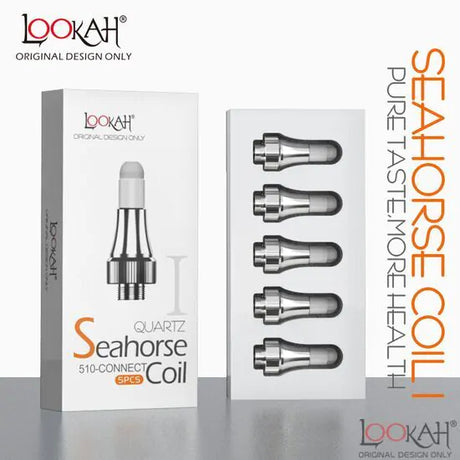 Front standing view of the Lookah Seahorse Quartz Type I Coil 5-Pack retail packaging in black and yellow. This multi-pack replacement kit includes five porous quartz 510-threaded tip coils designed for all Lookah electric nectar collectors.