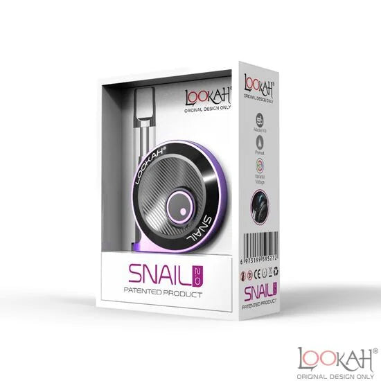Front view of the Lookah Snail 2.0 350mAh vape battery in vibrant purple. This ultra-compact, uniquely contoured 510-thread cart battery fits comfortably in your hand for highly discreet, travel-ready concentrate sessions.