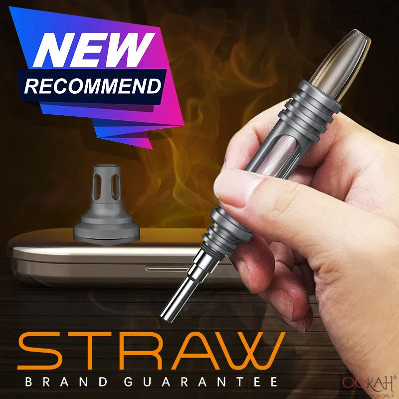 Front view of the fully assembled Lookah Straw Nectar Collector Kit in a sleek gunmetal finish. This premium analog dab straw combines a rugged metal body with a pure glass mouthpiece path to deliver smooth, torch-heated concentrate vapor.