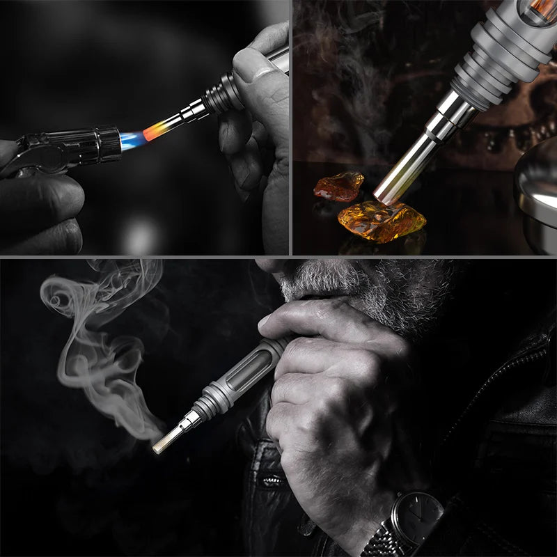 Close-up angled view of the dual-channel interchangeable titanium dab nail and screw-on safety protective cover on the Lookah Straw. The heavy-duty titanium nail retains thermal mass quickly while the protective cap seals away hot wax residue for mess-free storage.