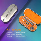 Front view of the complete Lookah Straw nectar collector kit displayed open next to its compact, protective hardshell glasses-style travel case. This complete portable wholesale bundle includes spare borosilicate glass tubes and extra titanium nails for continuous shop value.