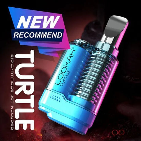 Front view of the Lookah Turtle 400mAh concealed 510 battery in bright blue. This compact, turtle shell-inspired vaporizer battery completely hides standard oil cartridges for a highly stealthy and protected vaping experience.