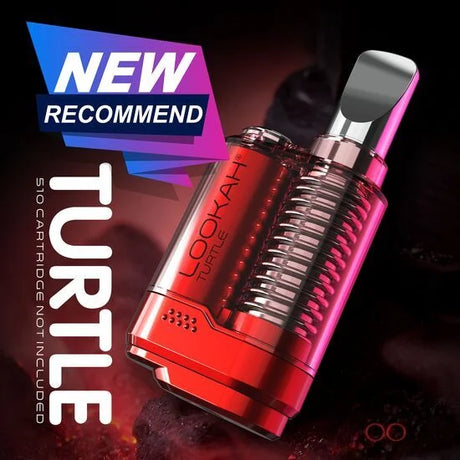 Front view of the Lookah Turtle 400mAh concealed 510 battery in deep red. This compact, turtle shell-inspired vaporizer battery completely hides standard oil cartridges for a highly stealthy and protected vaping experience.