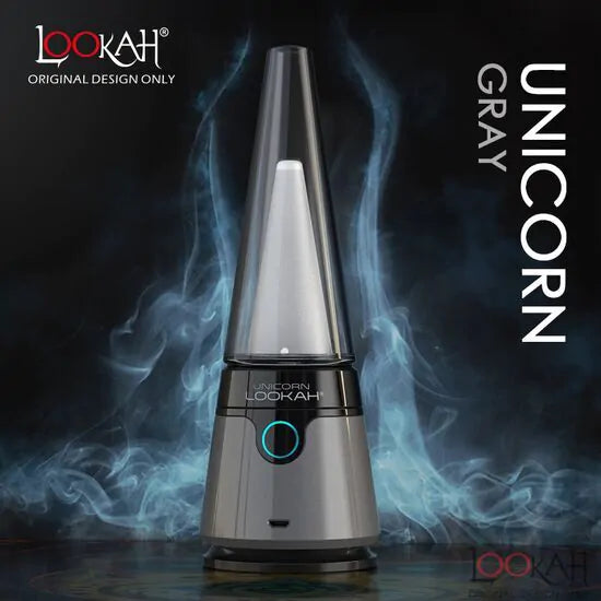 Front view of the Lookah Unicorn 2.0 electric dab rig in sleek gray. This next-generation portable e-rig features a powerful 1900mAh battery and a revolutionary magnetic connection for the ultimate, hassle-free dabbing experience.