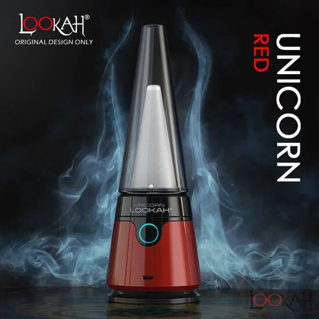 Front view of the Lookah Unicorn 2.0 electric dab rig in sleek red. This next-generation portable e-rig features a powerful 1900mAh battery and a revolutionary magnetic connection for the ultimate, hassle-free dabbing experience.