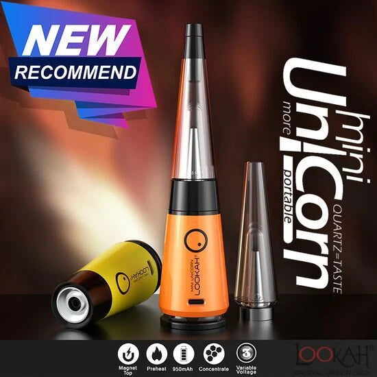 Front view of the Lookah Unicorn Mini electric dab rig in different colors like yellow and orange. This ultra-portable, compact e-rig features a unique cone-shaped glass bubbler and a 950mAh battery for smooth concentrate sessions on the go.