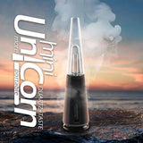 Front view of the Lookah Unicorn Mini electric dab rig in vibrant black. This ultra-portable, compact e-rig features a unique cone-shaped glass bubbler and a 950mAh battery for smooth concentrate sessions on the go.