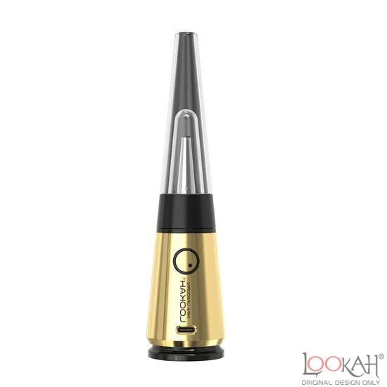 Front view of the Lookah Unicorn Mini electric dab rig in vibrant gold. This ultra-portable, compact e-rig features a unique cone-shaped glass bubbler and a 950mAh battery for smooth concentrate sessions on the go.