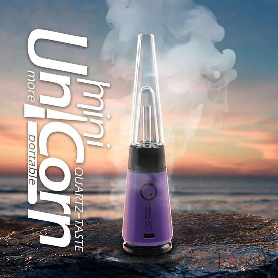 Front view of the Lookah Unicorn Mini electric dab rig in vibrant purple. This ultra-portable, compact e-rig features a unique cone-shaped glass bubbler and a 950mAh battery for smooth concentrate sessions on the go.