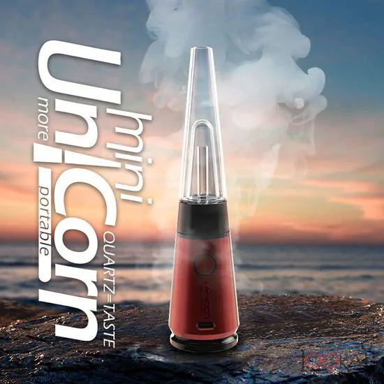 Front view of the Lookah Unicorn Mini electric dab rig in vibrant red. This ultra-portable, compact e-rig features a unique cone-shaped glass bubbler and a 950mAh battery for smooth concentrate sessions on the go.