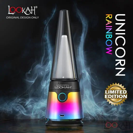 Front view of the Lookah Unicorn Limited Edition electric dab rig featuring a metallic iridescent rainbow base and a clear glass cone bubbler. This portable 7.5-inch e-rig uses a powerful 1900mAh battery for torchless water filtration of cannabis wax and concentrates.