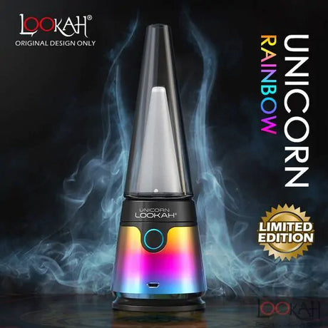 Front view of the Lookah Unicorn Limited Edition electric dab rig featuring a metallic iridescent rainbow base and a clear glass cone bubbler. This portable 7.5-inch e-rig uses a powerful 1900mAh battery for torchless water filtration of cannabis wax and concentrates.