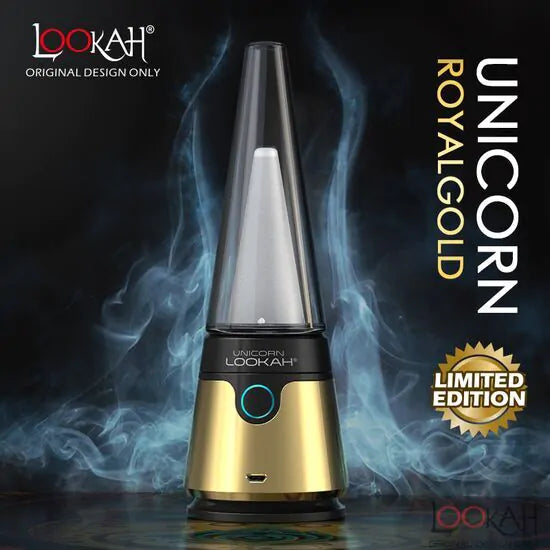 Front view of the Lookah Unicorn Limited Edition electric dab rig encased in a polished, high-shine metallic royal gold finish. This premium smart e-rig combines luxury styling with advanced quartz atomizers for an elite extract vaporization experience.