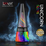 Front view of the Lookah Unicorn Limited Edition electric dab rig highlighting a vibrant multi-colored swirled tie-dye patterned base. The ergonomic shape and impact-resistant body offer a secure grip during heavy daily tabletop or travel sessions.
