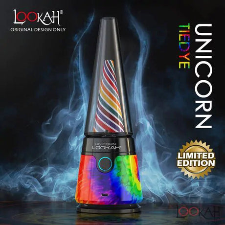 Front view of the Lookah Unicorn Limited Edition electric dab rig highlighting a vibrant multi-colored swirled tie-dye patterned base. The ergonomic shape and impact-resistant body offer a secure grip during heavy daily tabletop or travel sessions.
