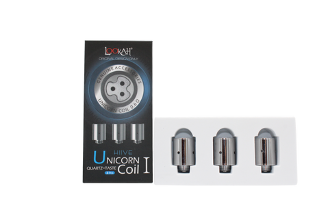 Front facing view of the Lookah Unicorn Quartz Coil Type 1 3-Pack packaging in black and orange. This retail box contains three premium replacement fritted quartz atomizers designed specifically to keep your Lookah Unicorn electric dab rig hitting perfectly.