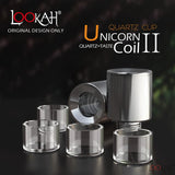 front angled view of the unboxed Lookah Unicorn Type 2 Base Dish Set showing the metallic silver atomizer base alongside clear frosted quartz replacement dishes. This highly efficient interchangeable dish system allows for quick swaps and easy cleaning during heavy dabbing sessions.