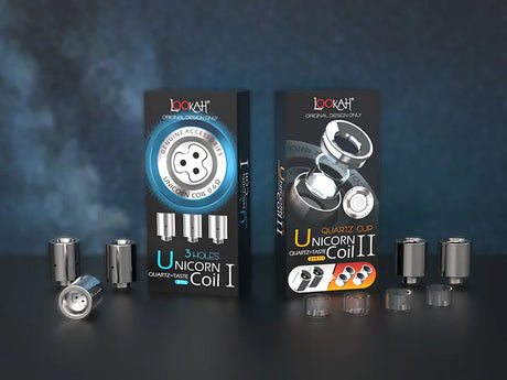 Front facing view of the Lookah Unicorn Quartz Coil Type 2 Base Dish Set packaging in black and orange. This retail box contains a durable threaded atomizer base and replacement drop-in quartz dishes for your Lookah Unicorn electric dab rig.