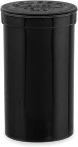 Front angled view of the Loud Lock 19 Dram Pop Top containers in = opaque black. These child-resistant squeeze-top vials provide an airtight, odor-proof storage solution ideal for packaging up to 3.5 grams of dry herb.