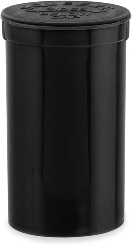 Front angled view of the Loud Lock 19 Dram Pop Top containers in = opaque black. These child-resistant squeeze-top vials provide an airtight, odor-proof storage solution ideal for packaging up to 3.5 grams of dry herb.