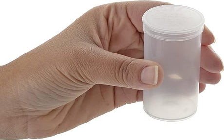 Front angled view of the Loud Lock 19 Dram Pop Top containers in clear These child-resistant squeeze-top vials provide an airtight, odor-proof storage solution ideal for packaging up to 3.5 grams of dry herb.